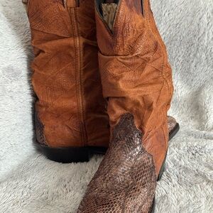 Brown Leather Cowboy Boots with Snakeskin Accents